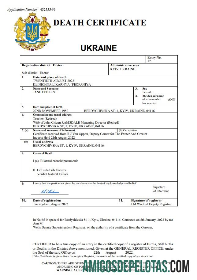 Em branco modelo Word e PDF de certidão de óbito da Ucrânia